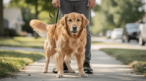 Dog body language signs of stress while standing on a leash