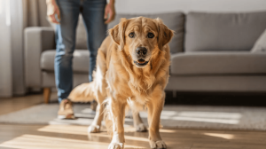 Dog body language signs of stress with tense posture indoors