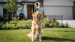 Train dog to stay in yard with a hand signal for stay